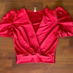Red Satin V-Neck Puff Sleeve Crop Top